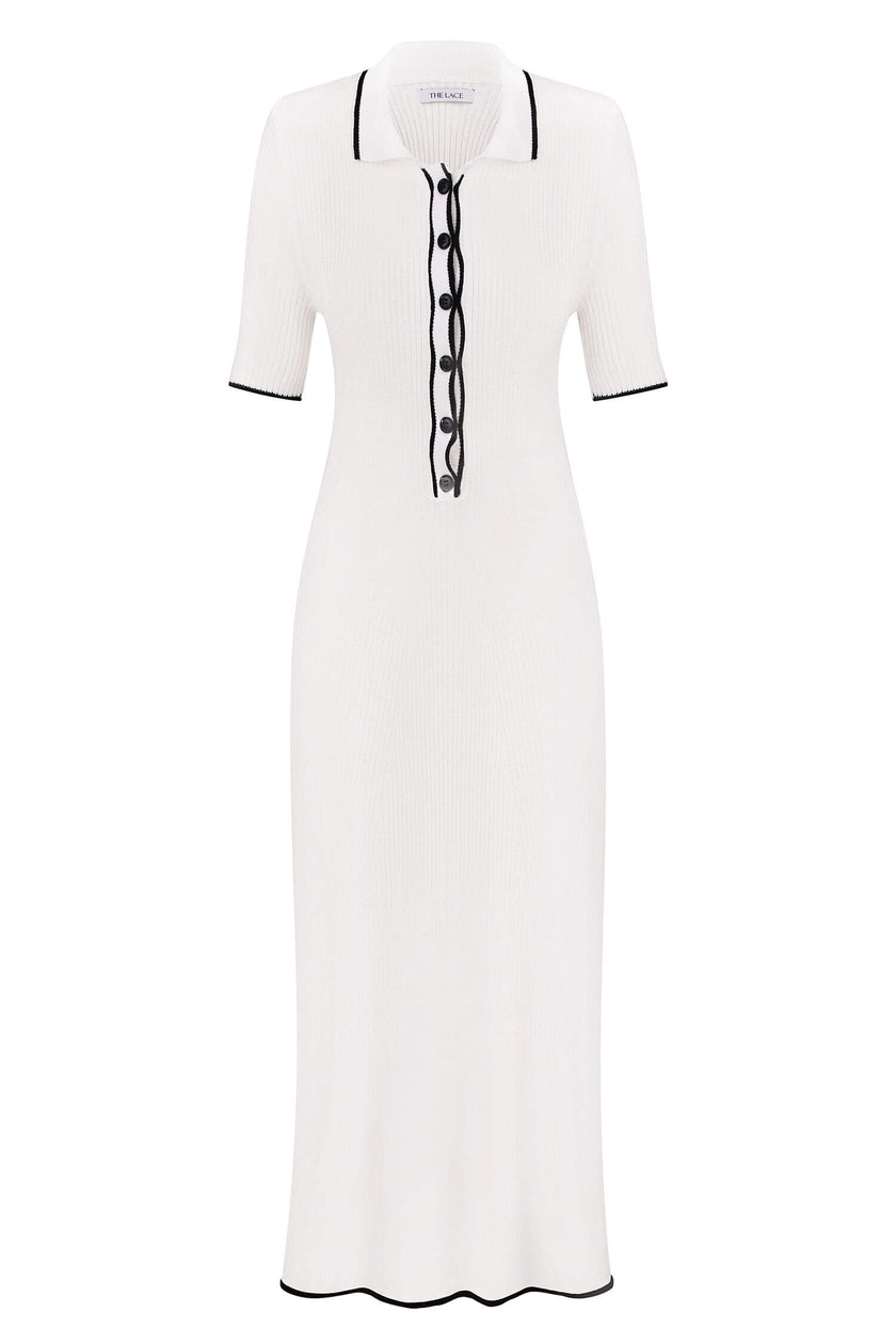 Knitted midi dress with edging in milk