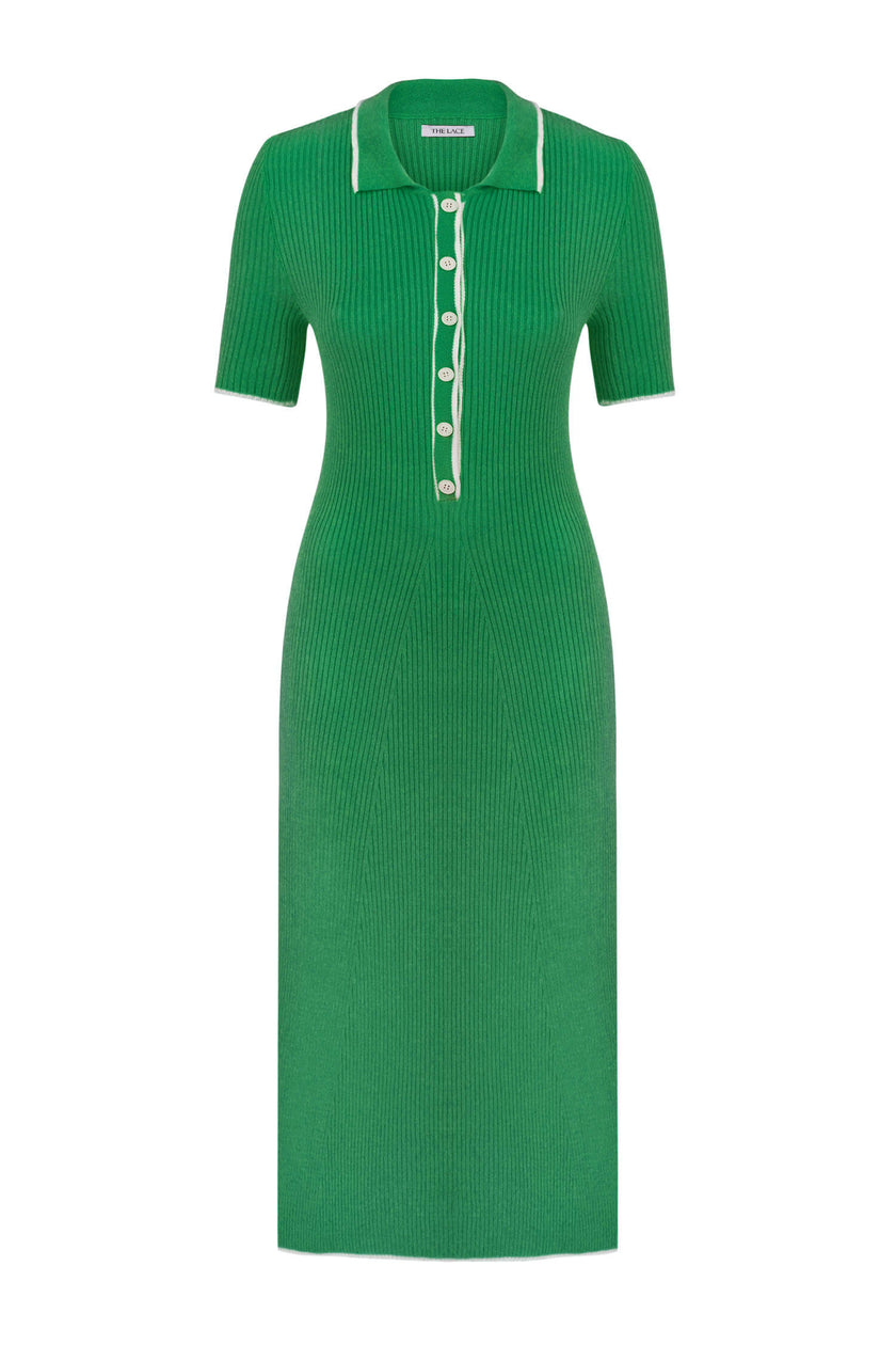 Knitted midi dress with edging in green/yellow