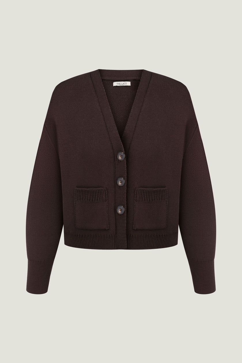 Women's chocolate knitted cardigan with pockets