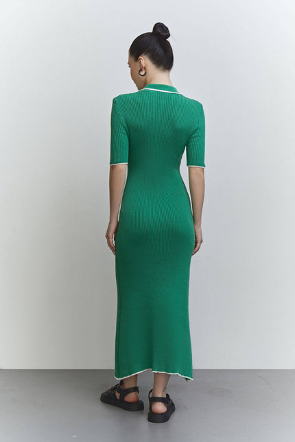 Knitted midi dress with edging in green/yellow