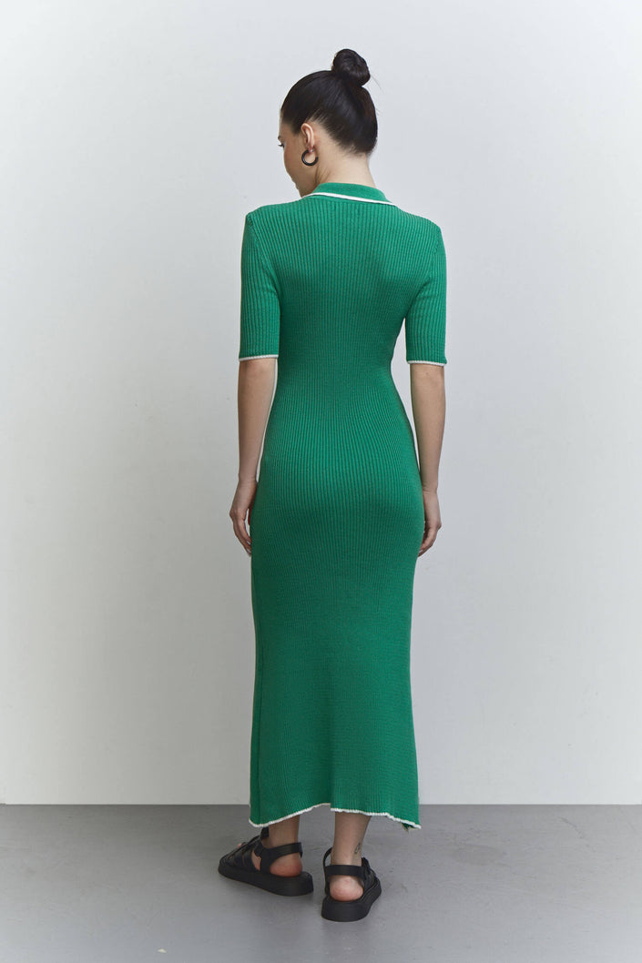 Knitted midi dress with edging in green/yellow