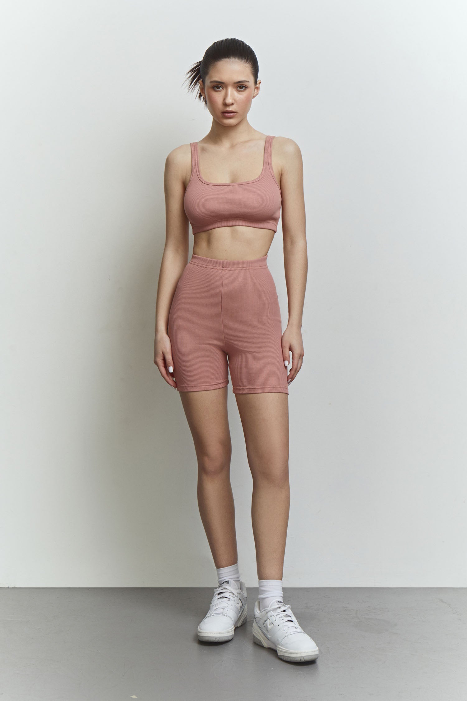 Ribbed crop top with thin straps in powder