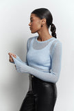 Sheer knitted crew neck jumper in pink/sky blue