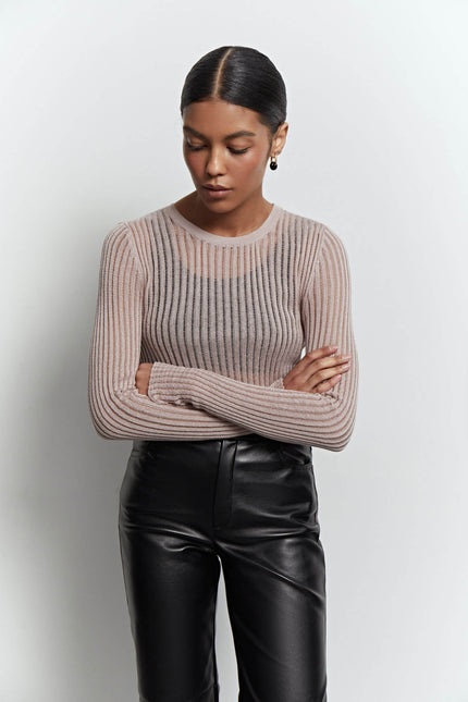 Sheer knitted crew neck jumper in orange/cappuccino