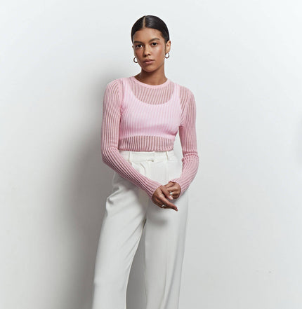 Sheer knitted crew neck jumper in pink/sky blue