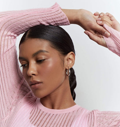 Sheer knitted crew neck jumper in pink/sky blue