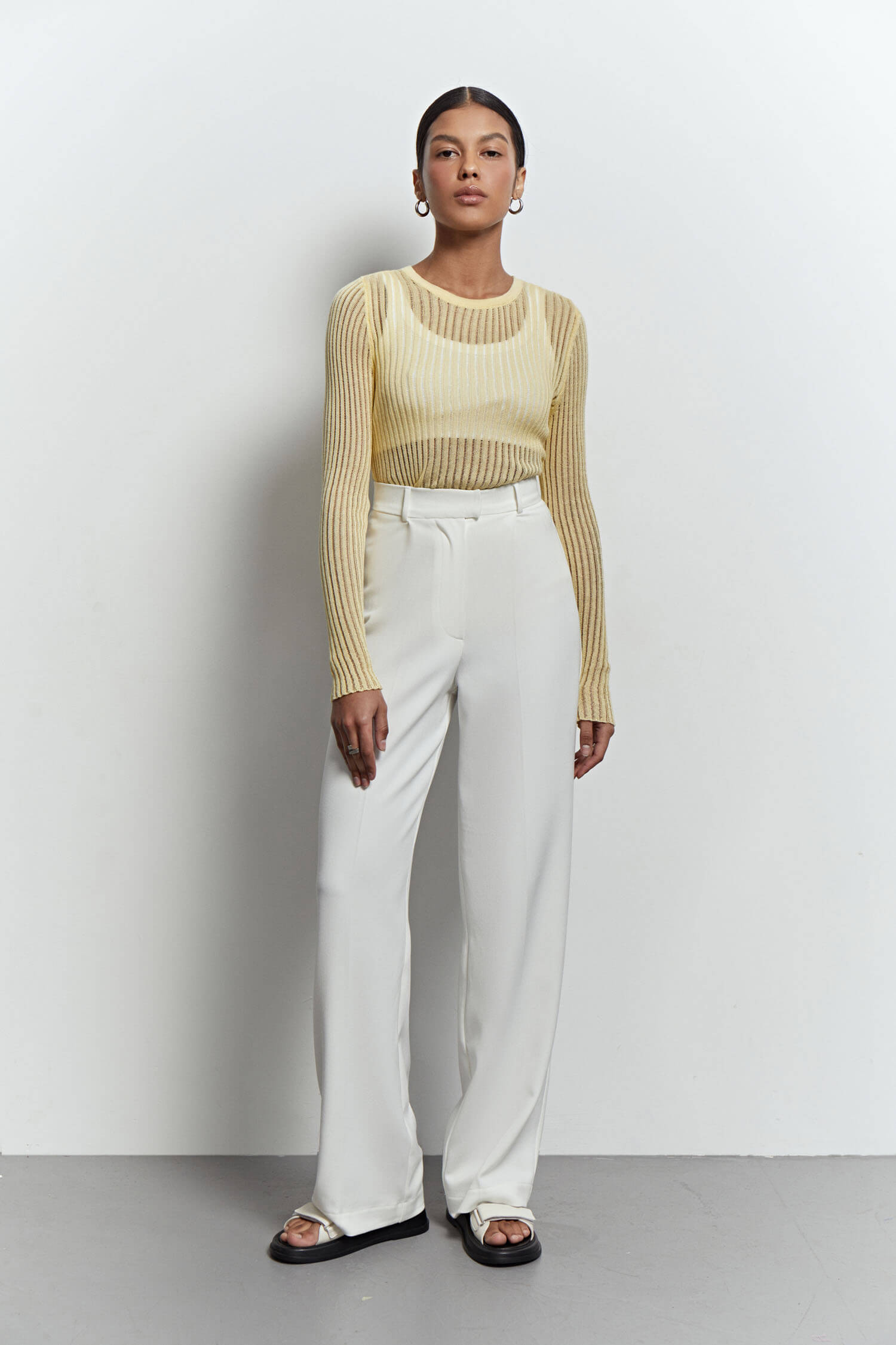 Sheer knitted crew neck jumper in yellow/green