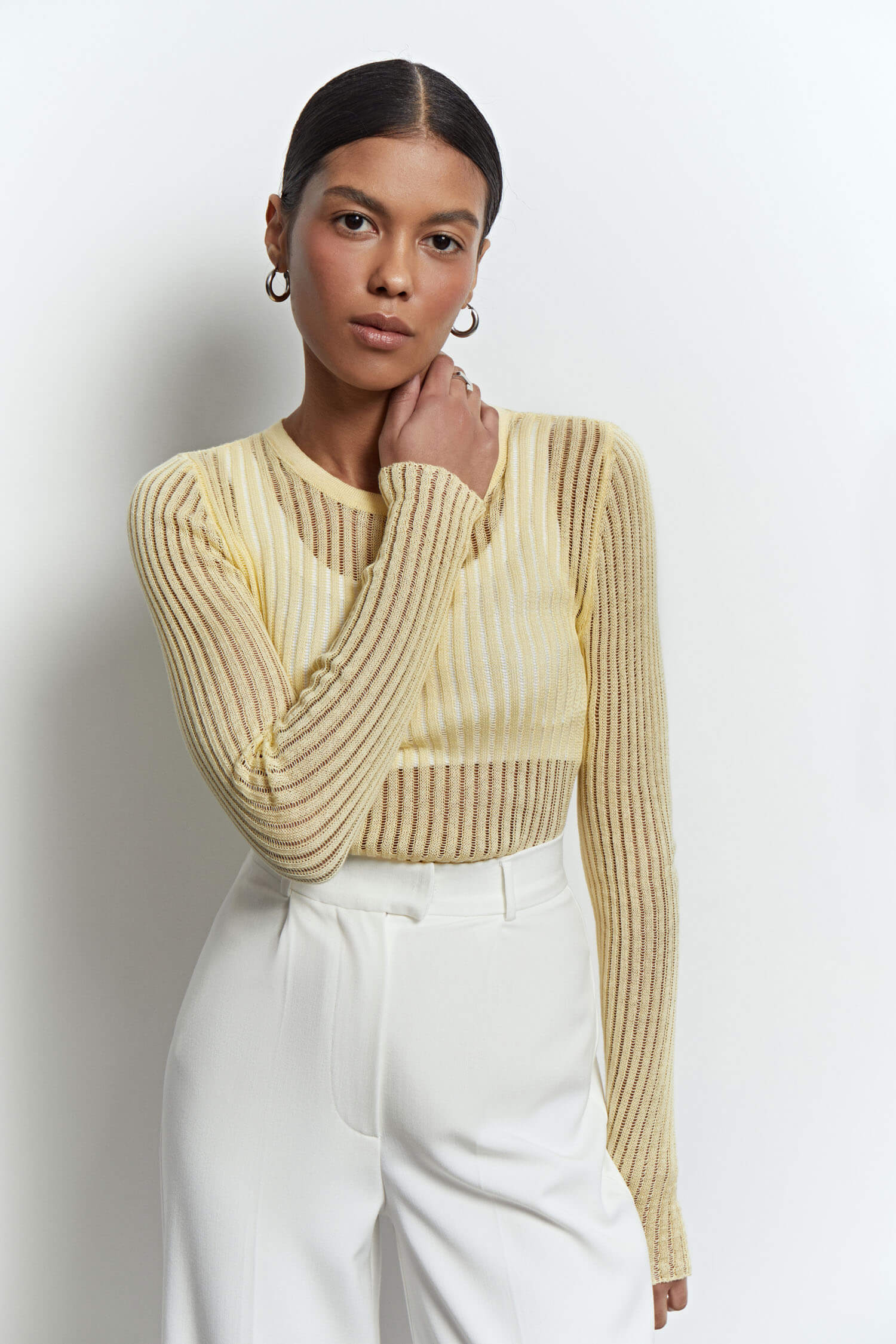 Sheer knitted crew neck jumper in yellow/green