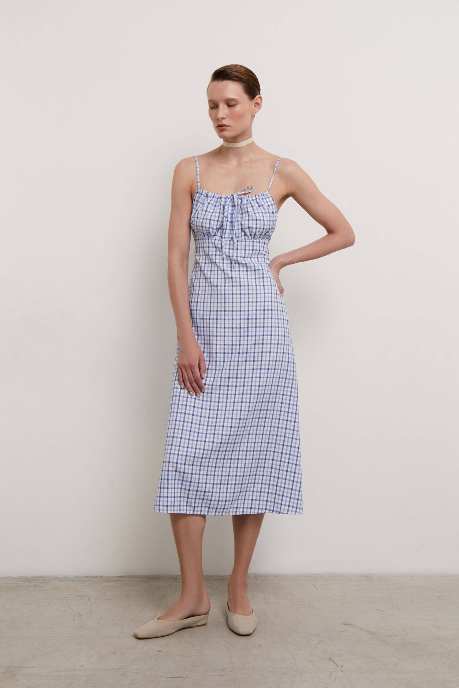 Sundress with thin straps in blue check (eco)