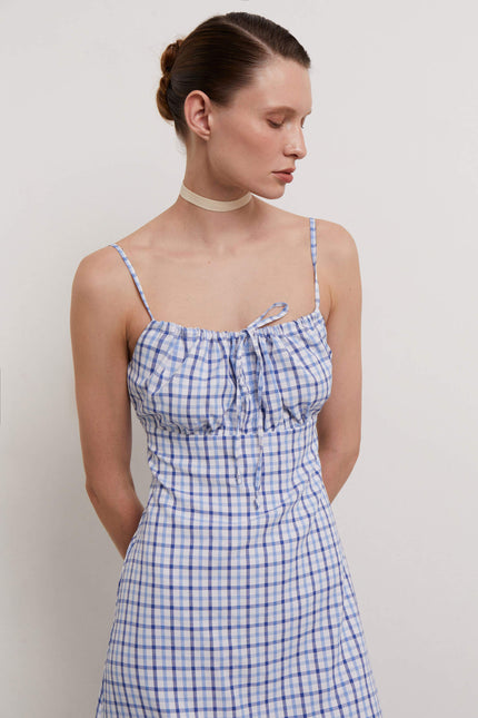 Sundress with thin straps in blue check (eco)