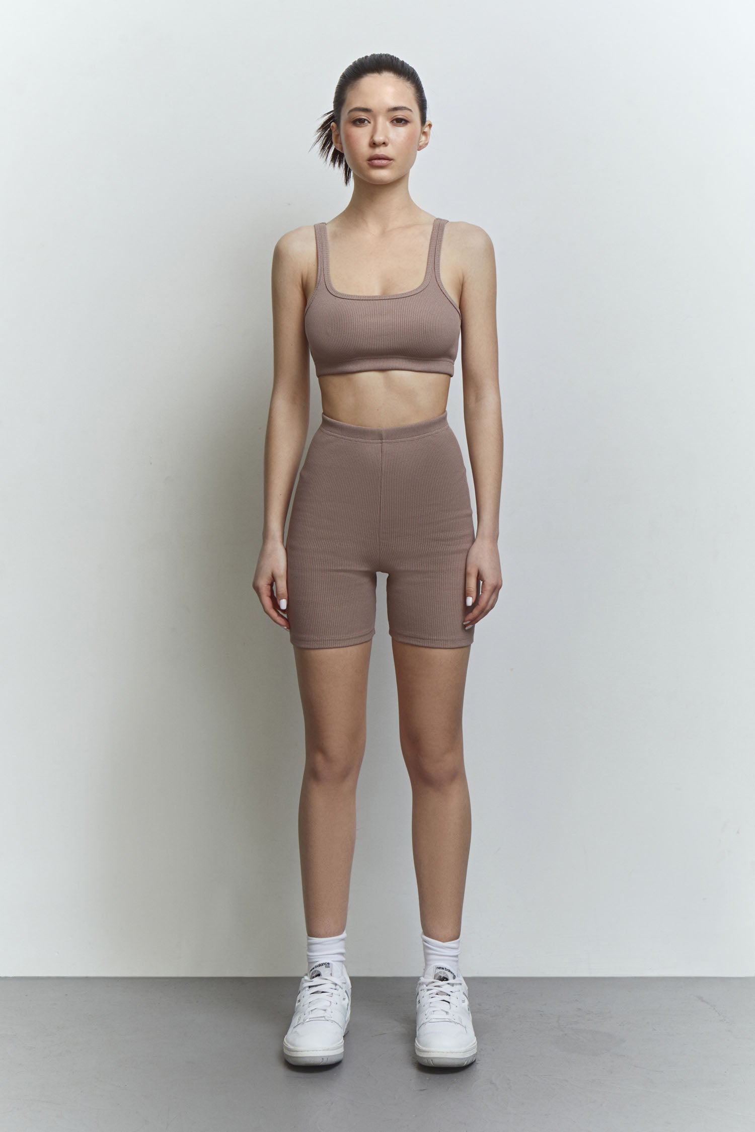 Ribbed crop top with thin straps in cappuccino