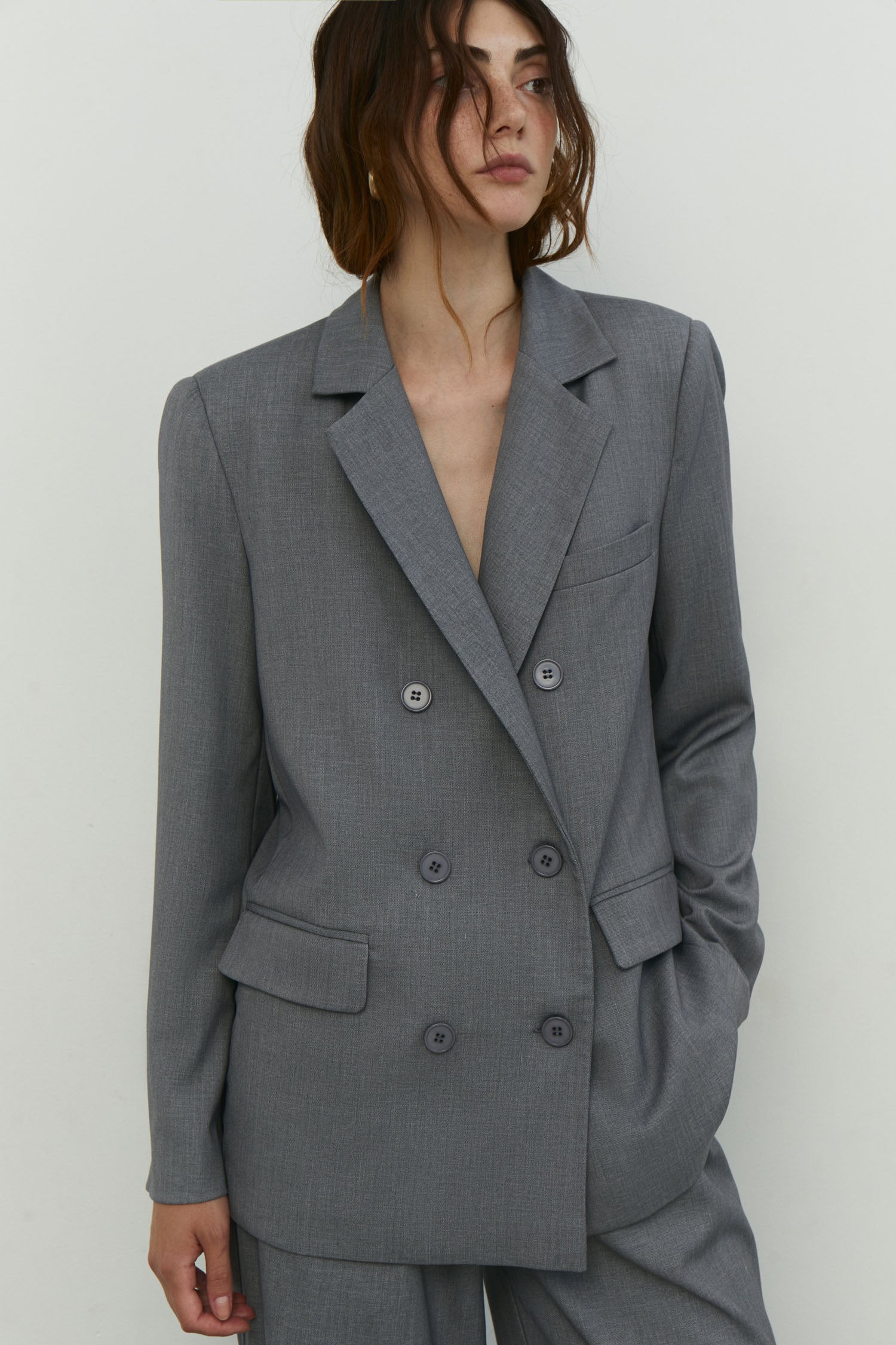 Women's gray double-breasted blazer