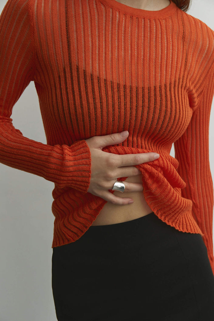 Sheer knitted crew neck jumper in orange/cappuccino