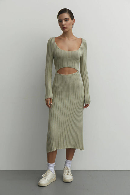 Jersey midi dress with figured cut in olive/chocolate